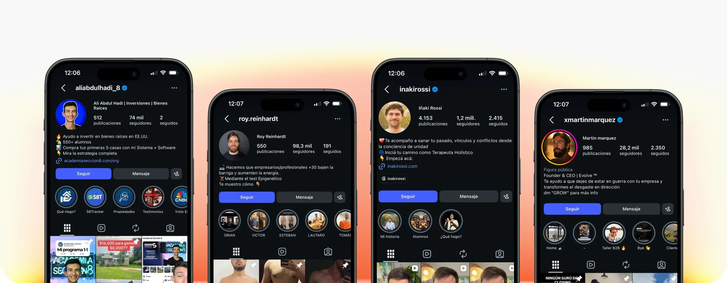 Cuatro iPhones mostrando perfiles de Instagram de coaches, consultores y dueños de agencia que usan Adpulze