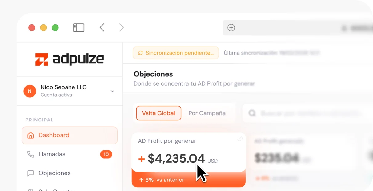 Panel de Adpulze mostrando las objeciones y el AD Profit por generar de una cuenta